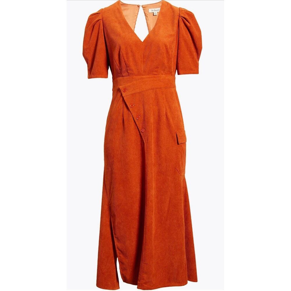 Du Paradis Women's Rust Puff Sleeve Corduroy Midi Dress Asymmetrical Size Small!